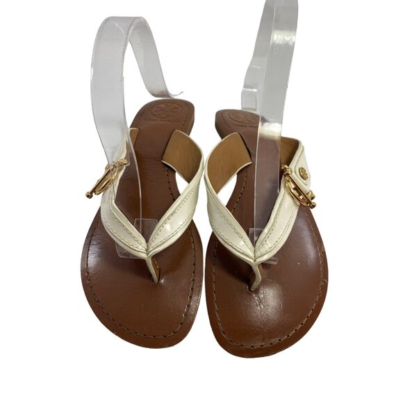 Tory Burch White & Brown Horsebit Leather Thong Sandals Size 6.5M - Picture 1 of 5
